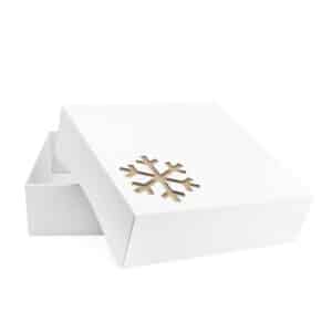 Pudełko świąteczne na prezenty białe z brązową śnieżynką 335x335x115 mm otwarte